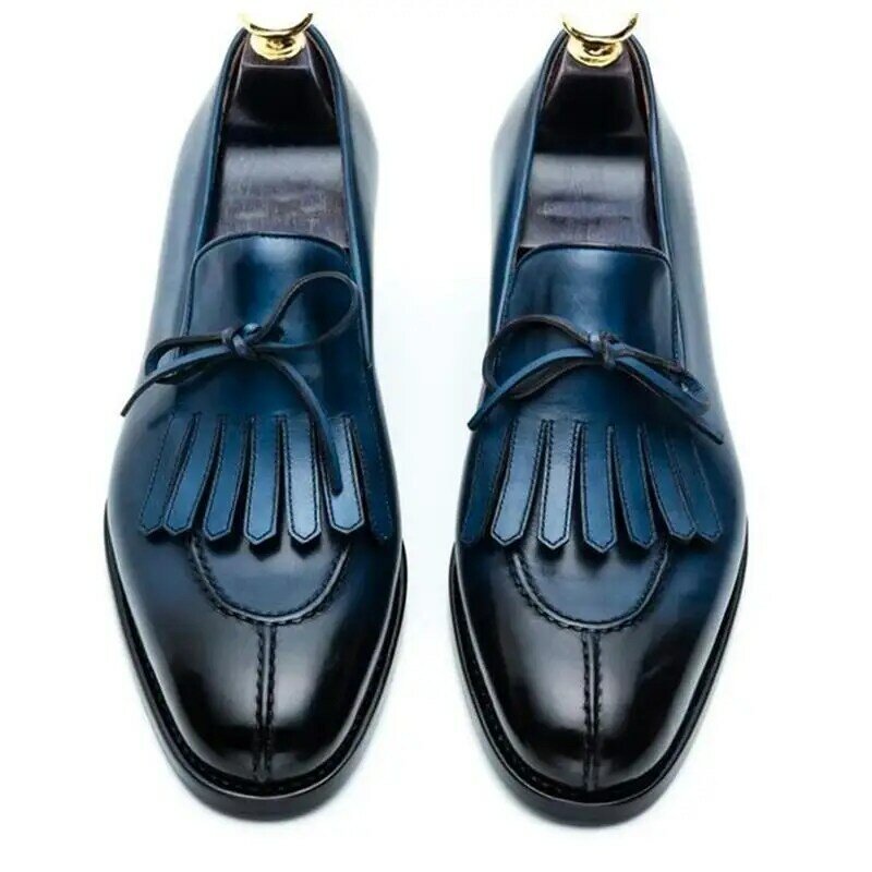 Sepatu Pantofel Berkualitas Tinggi Busur Rumbai Klasik Biru PU Buatan Tangan Pria Mode Trendi Retro Nyaman Cocok untuk Semua Kasual ZQ0076