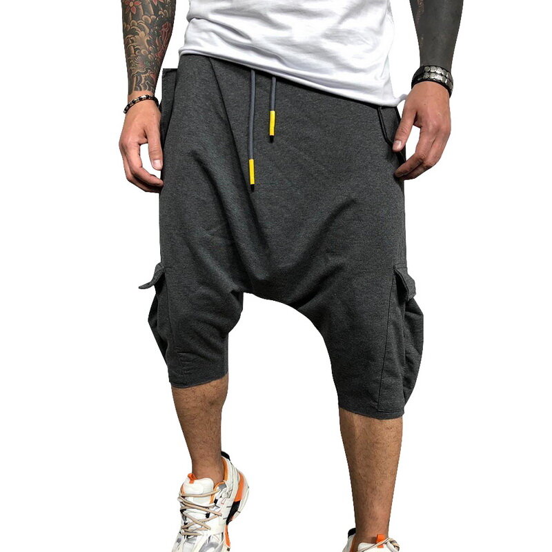 Letnie bawełniane spodnie haremowe męskie dorywczo spodnie Hip hopowe sznurki krzyżowe Bloomers spodnie długości łydki biegaczy Streetwear