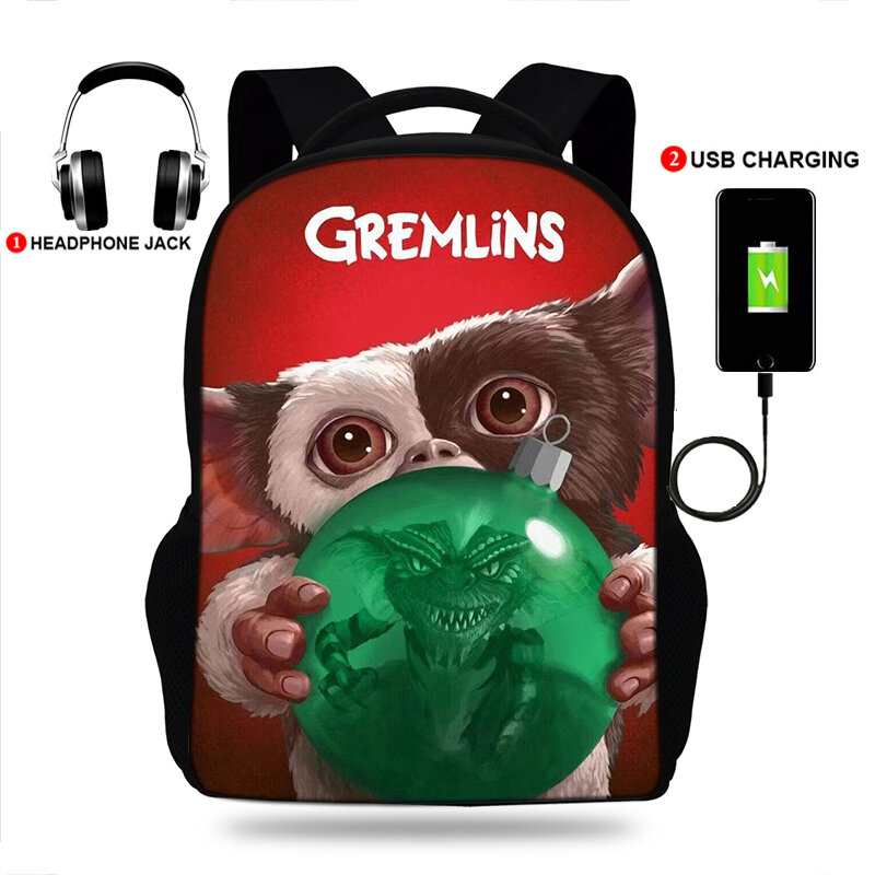USB Charge Bag Students School Backpack USB Charging School Bags Gizmo Gremlin Print Backpack for Boys Girls