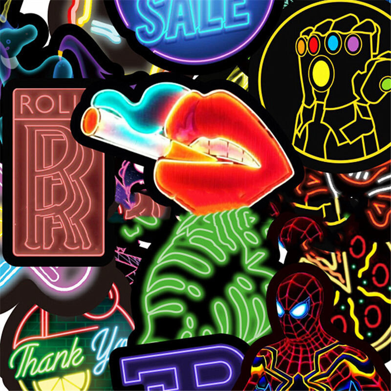 10/20/30pcs Cartoon Neon Light Graffiti Stickers Stationery Sticker Guitar Motorcycle Luggage Suitcase DIY Decal Sticker for Kid