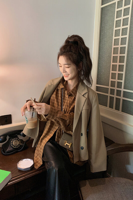 Abrigo de traje para mujer, abrigo holgado informal coreano, tendencia