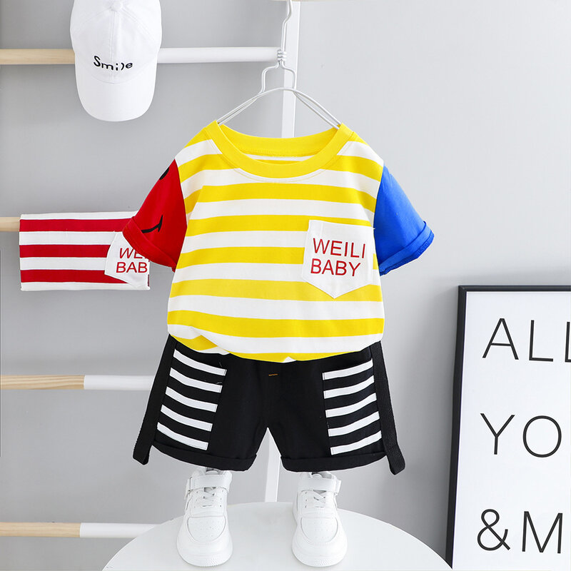 Conjunto de roupas listradas para bebês, 2 peças, camiseta e calça infantil, moda verão 2020