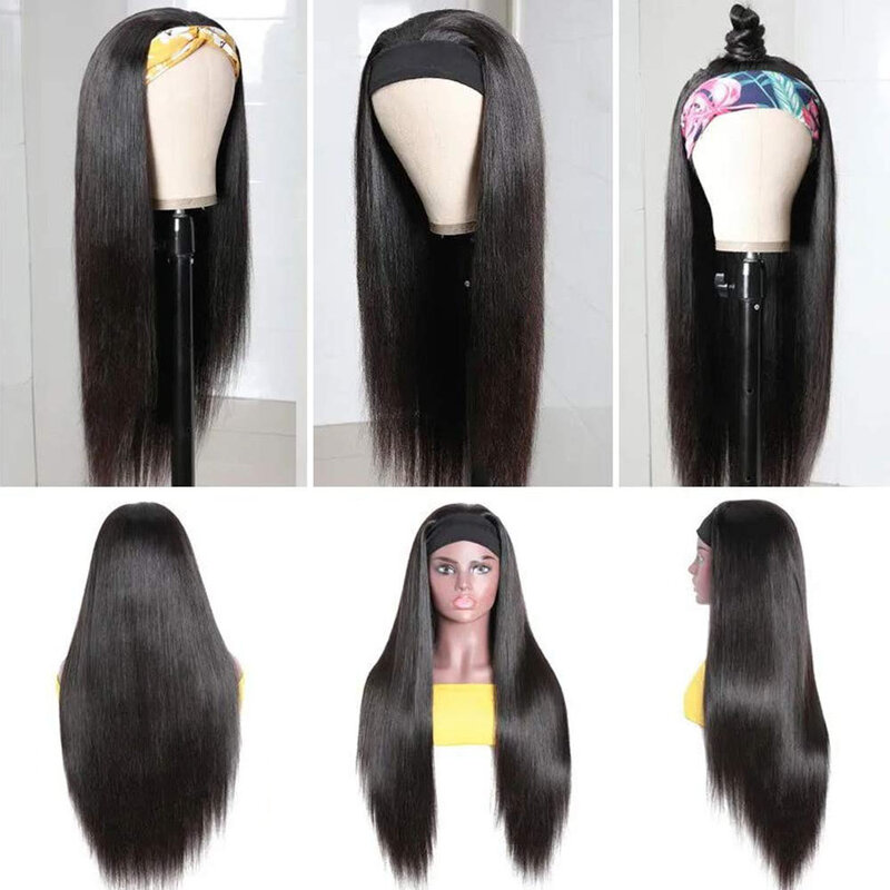 Peluca de cabello humano con cinta para el pelo, cabello indio Remy, liso, parte en U, hecha totalmente a máquina con flequillo, 150%