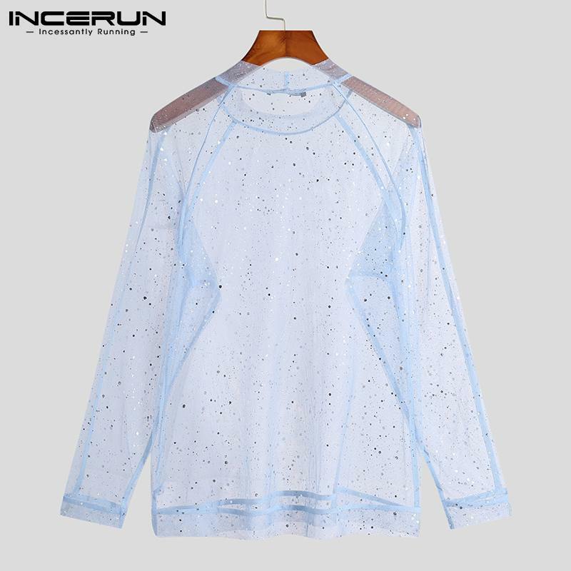 Handsome New Men's T-Shirts Well Fitting Male Stylish Long-sleeved High Collar Tees See Through Camiseta S-5XL INCERUN Tops 2021