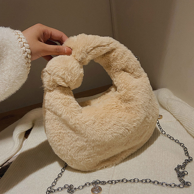 Jednokolorowa pluszowa torebka 2021 zimowe nowe torebki marka Design Trend w modzie torby na ramię śliczna, dopasowana torba z łańcuszkiem na ramię