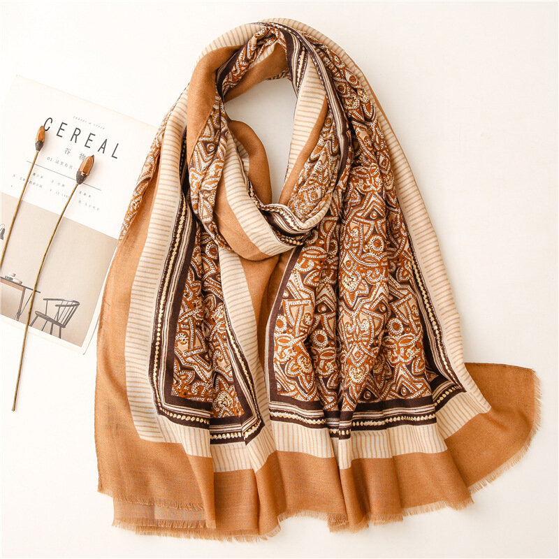 Designer Tassel Viscose Cotton linen scarf ladies bronzing plaid tracing gold stripping herringbone pattern travel shawl scarf