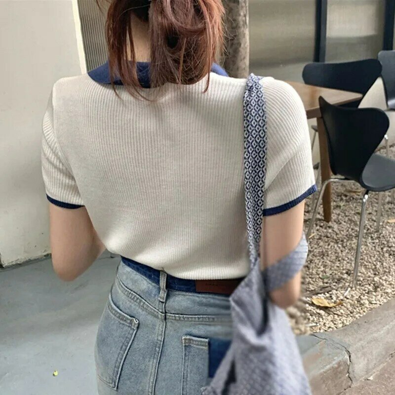 Efinny blusa feminina casual, camiseta para verão de manga curta, nova camiseta de tricô estilo coreano, 2021