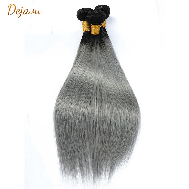 Dejavu-extensiones de cabello humano brasileño Remy, mechones de pelo liso con degradado, Color gris plateado, 1B/gris, 1/3/4 unidades