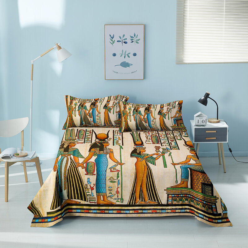 고대 이집트 침대 시트 3pcs 폴리 에스터 플랫 침대 시트 및 Pillowcases 더블 싱글 침실 사계절 유니버설 섬유