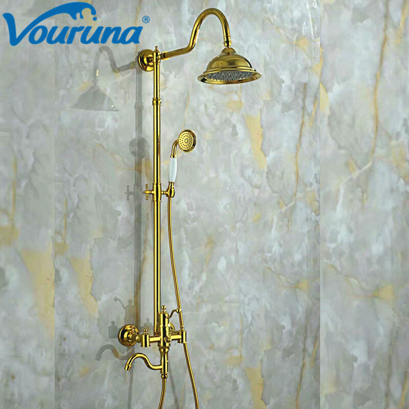 VOURUNA Luxurious Exposed Chrome&Golden Bathroom Shower Faucet System Kit