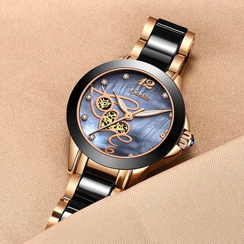 SUNKTA – montre étanche pour femmes, bracelet en céramique, Surface diamant, marque de luxe, Quartz, cadeau