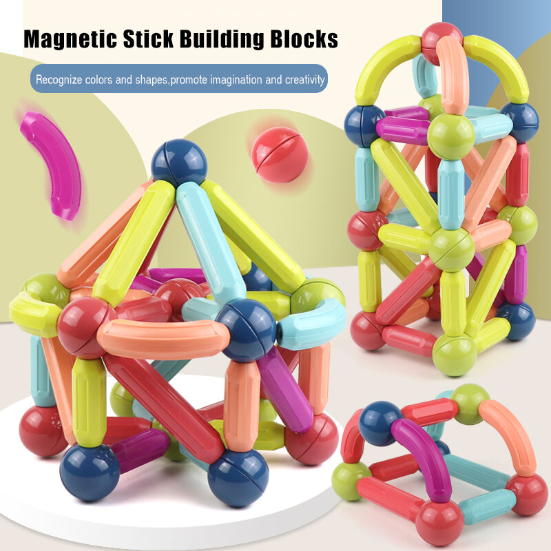 3 + Set Desainer Blok Konstruktor Magnetik Anak-anak Batang Stik Magnet Blok Bangunan Mainan Edukatif Montessori untuk Anak Laki-laki Perempuan
