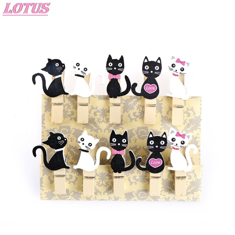 10pcs Japanese Cat Wooden Clips With Hemp Rope Mini Nice Food Clip Kawaii Wood Paper Clip For Bag Students' DIY Tools