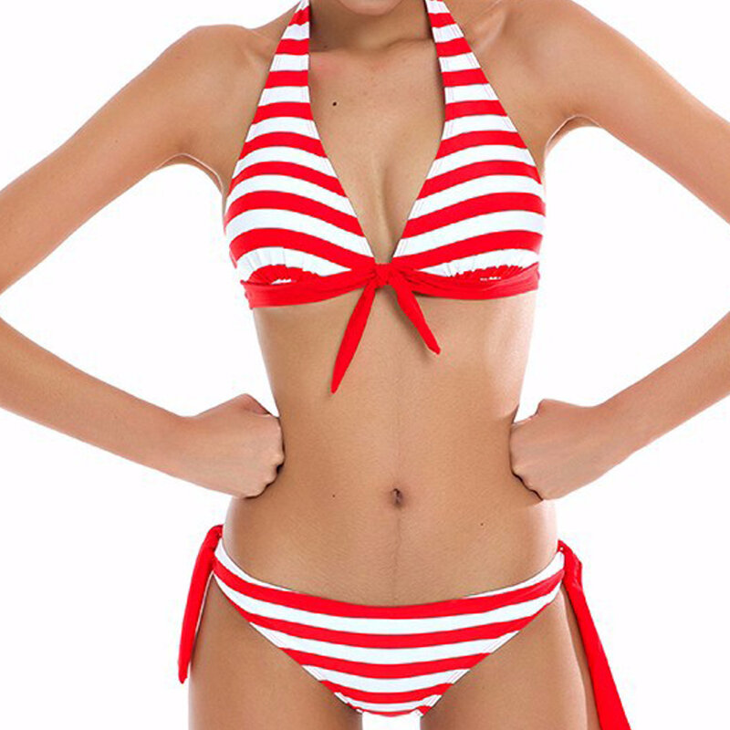 Bikini a juego para mujer, traje de baño de dos piezas con rayas de colores, estilo europeo y americano, a la moda