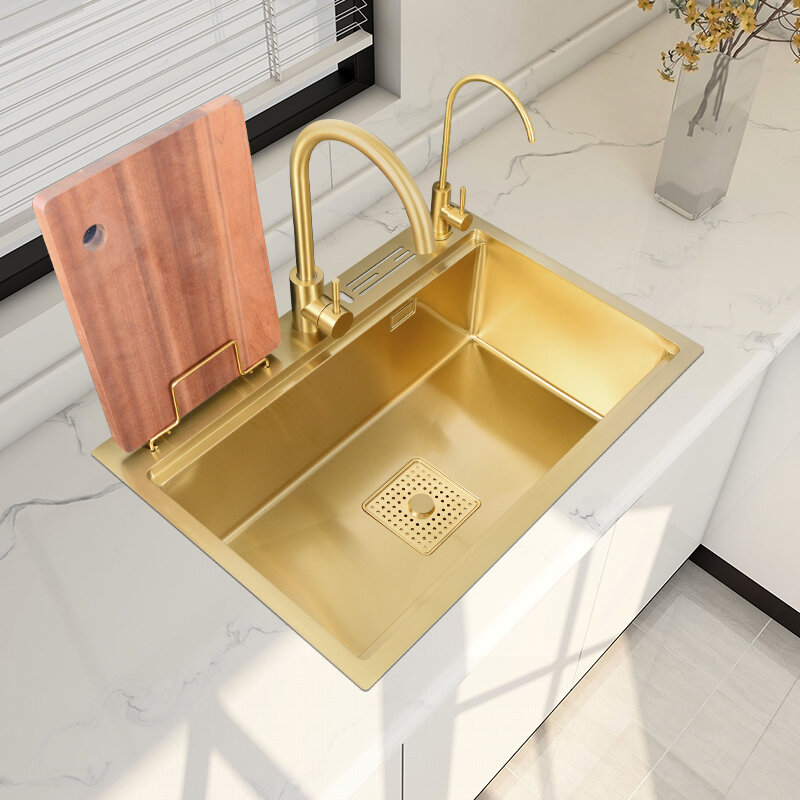 304 gold einzigen becken waschbecken einzigen becken küche waschbecken waschbecken multifunktionale embedded box mit messer halter 78*46cm