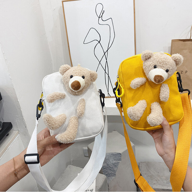 Anak-anak Tas Bahu Mode Kanvas Single-Bahu Kawaii Sederhana Bear Kantong Anak Hadiah 4 Warna Cross-Body All-Match Gadis Baru