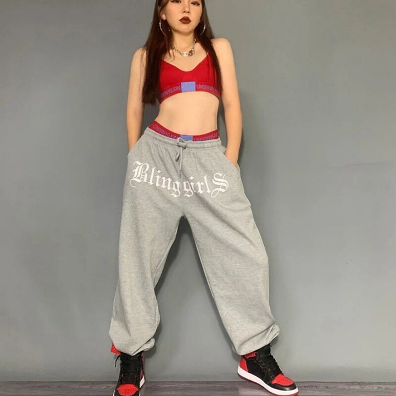 Pantalones de estilo Hip-hop para mujer, pantalón harén con estampado de letras, cintura elástica, holgado, color gris/Negro, 2021