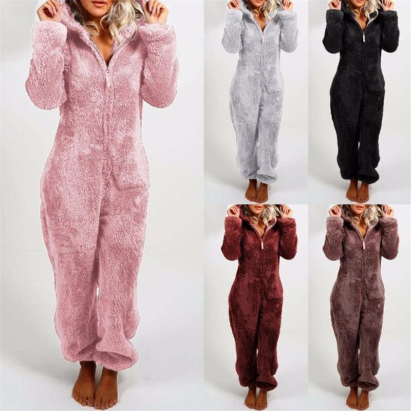 Winter Warme Pyjama Vrouwen Rompertjes Fluffy Fleece Jumpsuits Nachtkleding Overall Plus Size Hood Sets Pyjama Voor Vrouwen AdultS-5XL