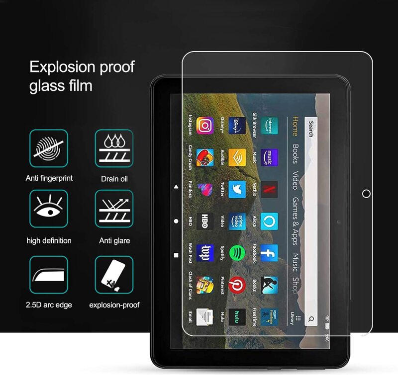 Protetor de tela de vidro temperado para tablet, 2 peças capa para amazon fire hd 8 plus 10th gen 2020 hd, película protetora de cobertura completa