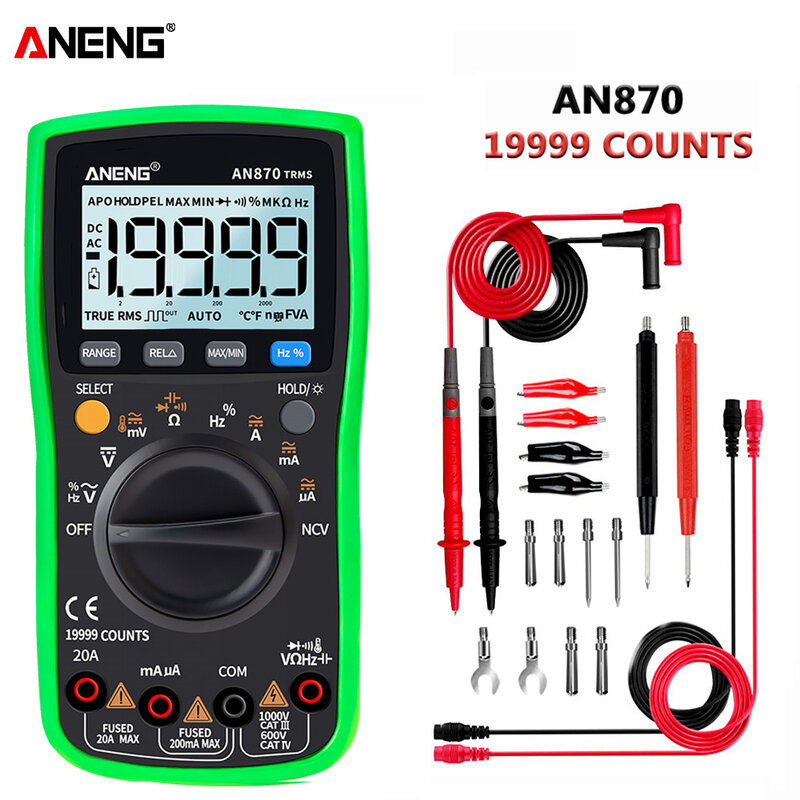 Anng AN870 디지털 멀티 미터 19999 카운트 profissional 트랜지스터 전기 테스터 600v 멀티 볼트 esrmeter 리드 세트