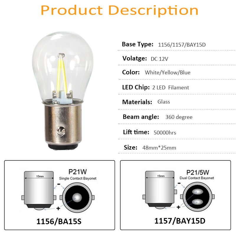 2PCS TCar Light Bulb Filament Chip P21w Ba15s 1156 Led Auto White 1157 24v led Instructions Lamp Reverse Turning