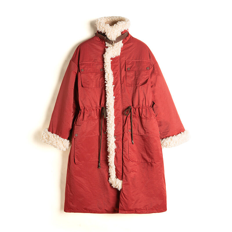 Novo inverno lambswool forro interno algodão longo jaqueta feminina neve grossa quente casaco solto splicing outwear cintura ajustável