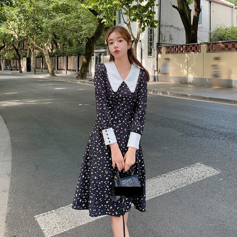 Hebe & eos 2021 outono nova mulher do vintage vestido de impressão floral preto peter pan colarinho feminino chique vestido manga longa vestidos