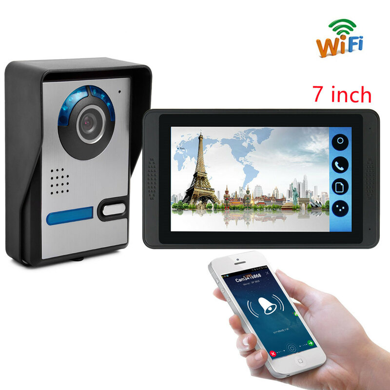 Intercomunicador de vídeo WiFi de 7 pulgadas para puerta de seguridad del hogar, cámara de desbloqueo remoto, teléfono con pantalla táctil inalámbrica HD, Monitor de interior