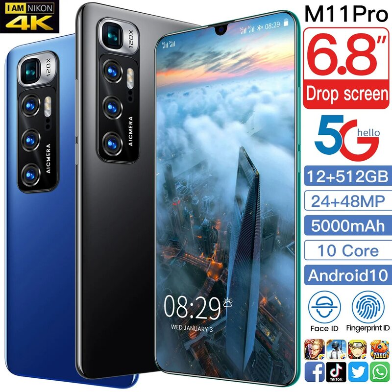 ใหม่ M11 Pro 7.2นิ้ว Global Version สมาร์ทโฟน Android 10.0 12GB RAM 512GB ROM Dual Sim ปลดล็อกโทรศัพท์มือถือโทรศัพท์ MTK6799 Deca Core