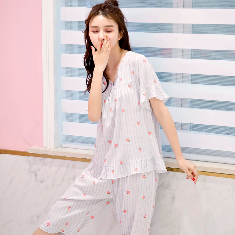 パジャマ女性の夏の純粋な半袖ピース甘い韓国スタイル薄型人工布セット綿シルクホーム