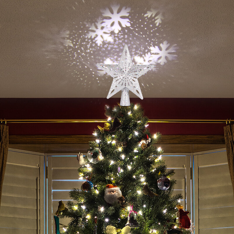 Mais novo festa de natal árvore led estrela luz do estágio rotativo floco de neve laser projetor lâmpada fadas natal árvore enfeites superiores