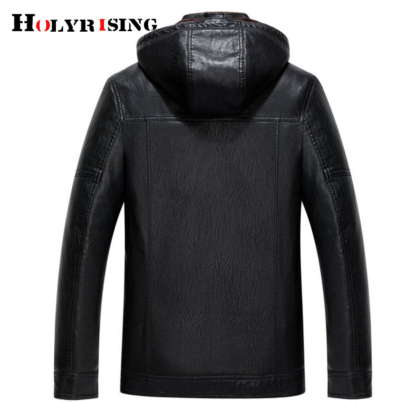 Holyrising men leather Jacket hooded removable plus size velvet padded Faux Jacket Mens Warm PU Leather Jackets Coats 19066
