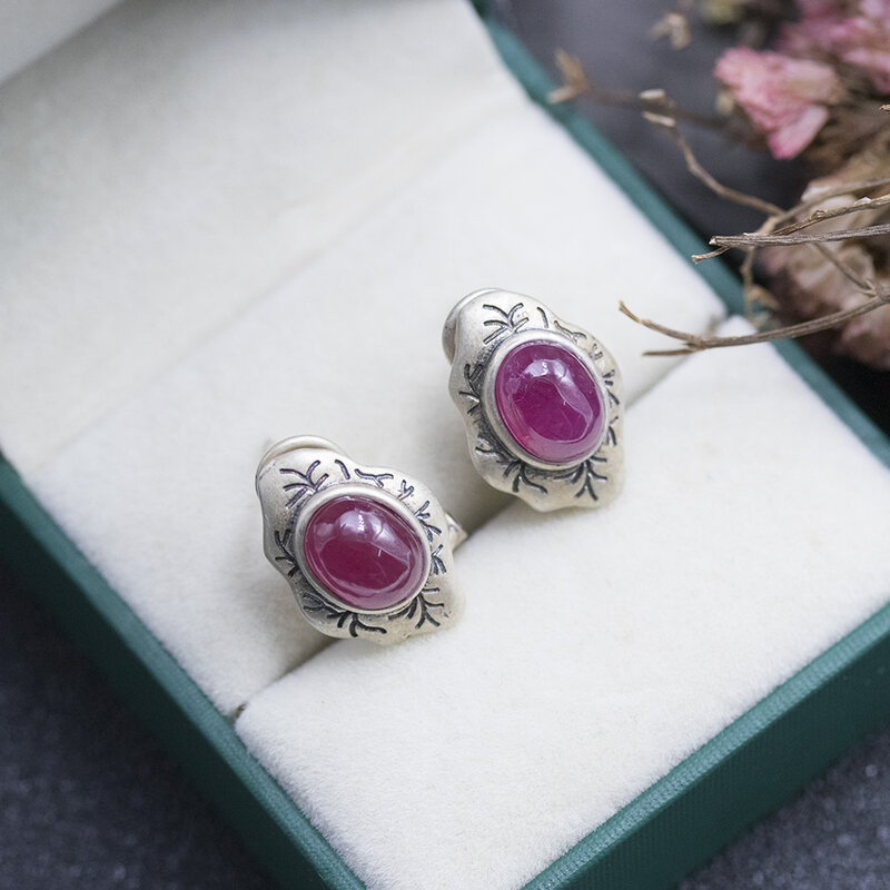 Anzogems-pendientes con tuerca de rubí natural Vintage para mujer, Plata de Ley 925 ovalada, joyería fina de piedras preciosas de 8x6mm para regalo del Día de la madre