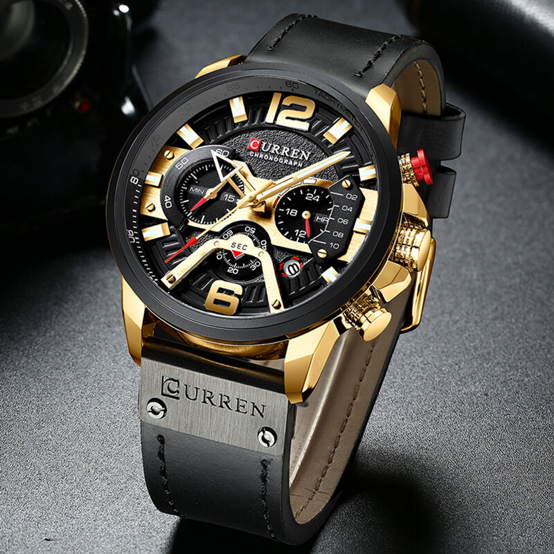 CURREN Uhr männer Top Marke Casual Sport Uhr für Männer Luxus Leder Armbanduhr Mode Chronograph Wasserdichte Armbanduhr 8329