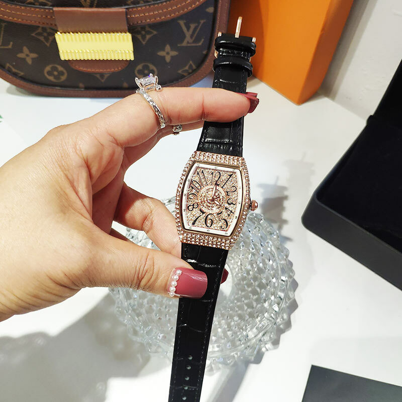 Totalmente diamante mulher relógios de alta qualidade rosa ouro relógio feminino com strass marca superior luxo tonneau relógio de pulso