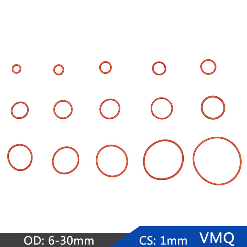 50 pçs vmq silicone borracha de vedação o-ring substituição selo vermelho o anéis junta arruela od 6mm-30mm cs 1mm diy acessórios s92