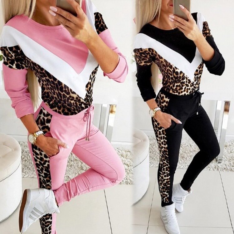 ELIJOIN autumn new round neck V-shaped leopard print color matching casual sweater set