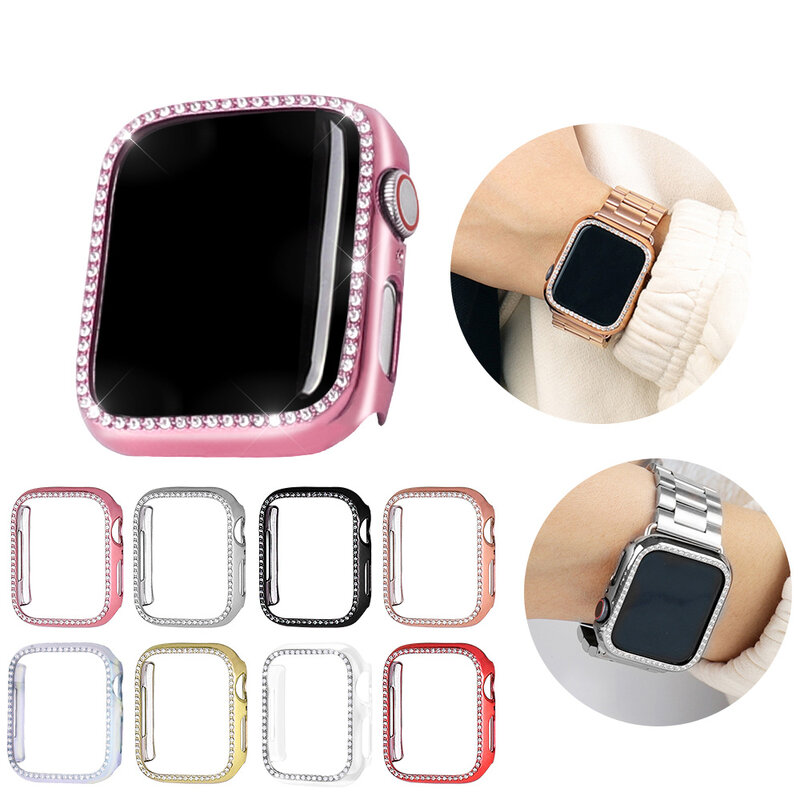 Diamante caso capa para apple watch band 5 4 3 2 1 caso capa 44mm 40mm 42mm 38mm iwatch banda de cristal protetor pára-choques