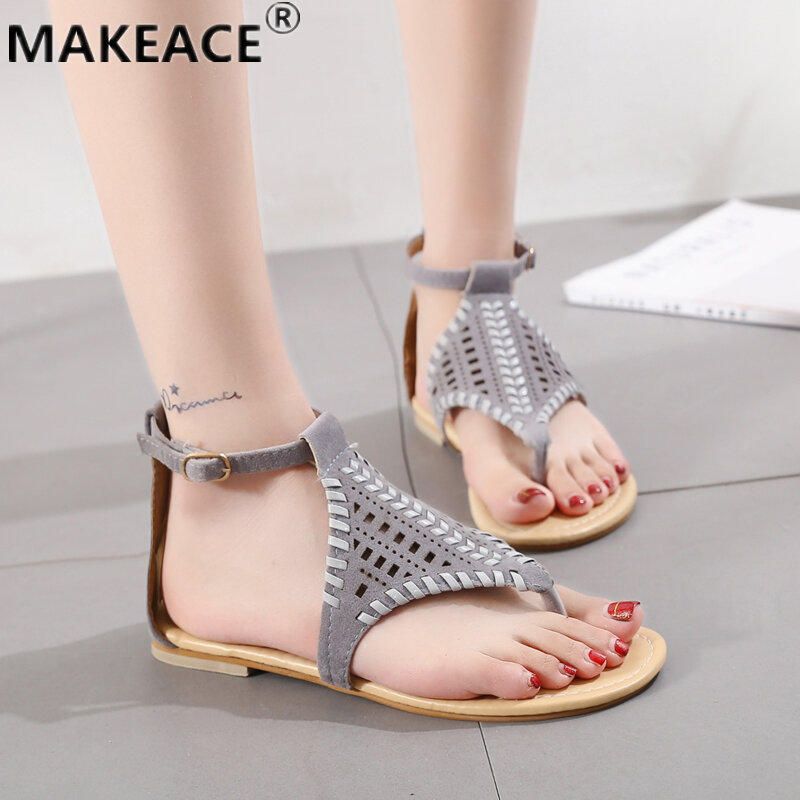 Summer Women's Sandals Fashion Leather Woven Hollowed-out Open-toe Sandals Beach Party Toe-clip Roman-style Sandals for Women