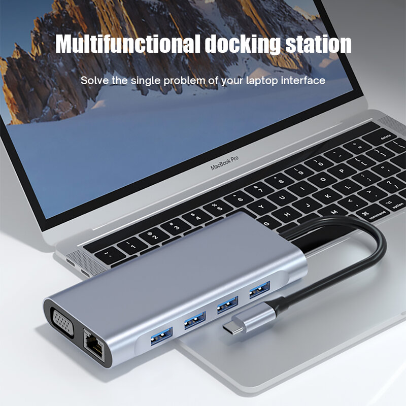 HUB USB C vers HDMI 4K, adaptateur VGA RJ45 avec prise PD TF SD 3.5mm, Station d'accueil AUX 4/5/6/8/11 ports pour Macbook Pro/Air