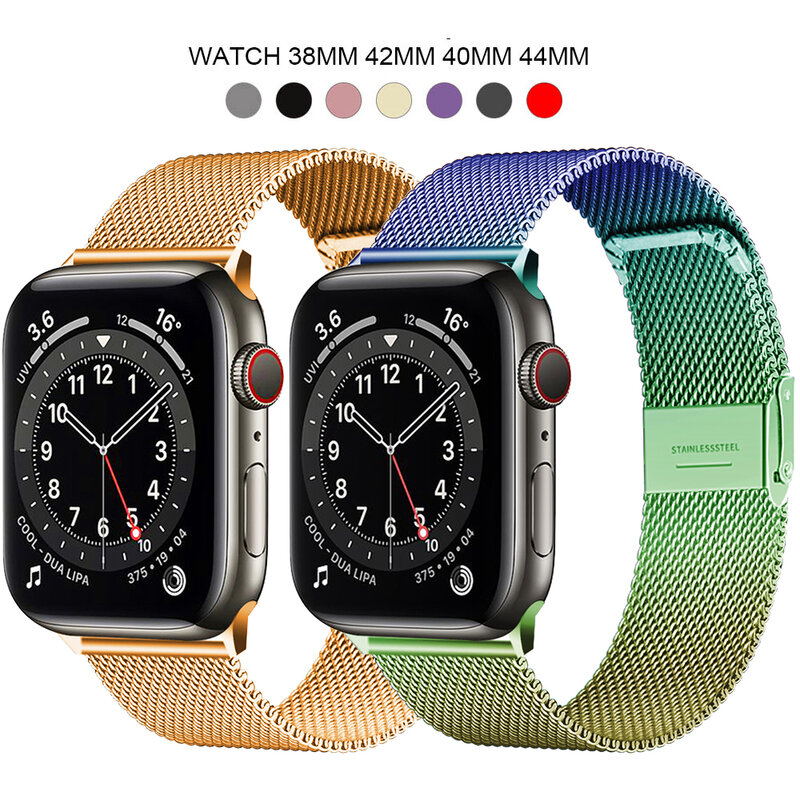 Pulseira de aço inoxidável milanesa para apple watch, modelos 1, 2, 3, 4, 5, 6, se, 42mm, 38mm, 40mm, 44mm