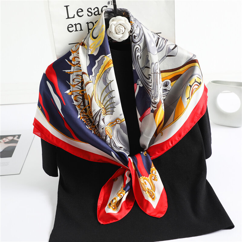 Атласный Шелковый квадратный шейный платок с цветочным принтом, Женская повязка на голову, сумка, шаль, тюрбан, платок 90 см