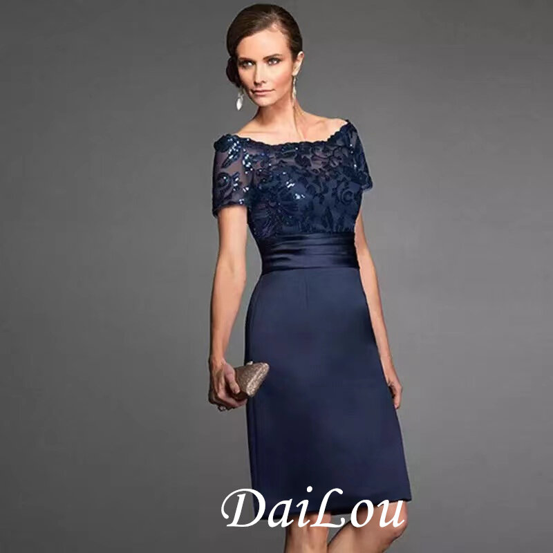 A-Line Mother of the Bride Dress Elegant&Luxurious Off Shoulder Knee Length Lace Satin Sequined Short Sleeve with Appliques 2021