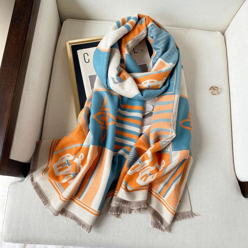Autumn and Winter New Retro Warm Scarf Female Imitation Cashmere Thickened Double-sided Scarf Dual-use Air Conditioning Shawl