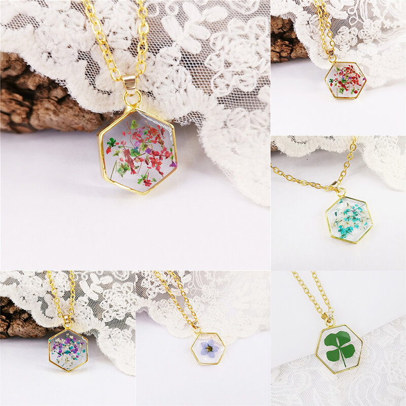 Doreenbeads joias artesanais de resina e geométrica oval com flor real e colar em cores douradas, joias da moda com 45cm(17 ") longas, 1 peça