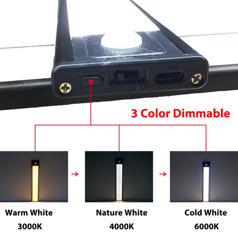 3 색 디 밍이 가능한 주방 LED 조명 캐비닛 빛 PIR 모션 센서 열 LED USB 충전식 알루미늄 쉘 램프 밤 빛
