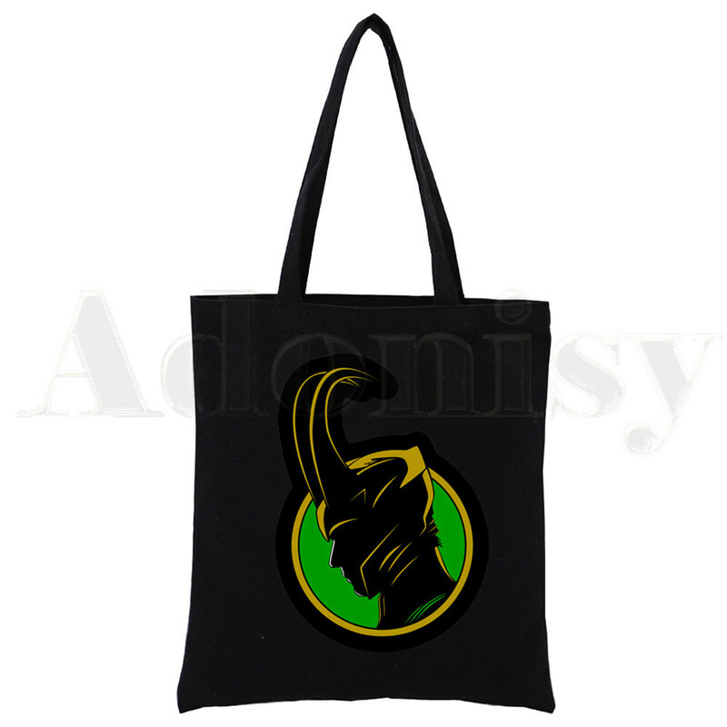 Sac de Shopping en toile réutilisable, sac de Super-héros LOKI, drôle de dieu des méfaits, fourre-tout en tissu imprimé, sac écologique, sacs à bandoulière noir
