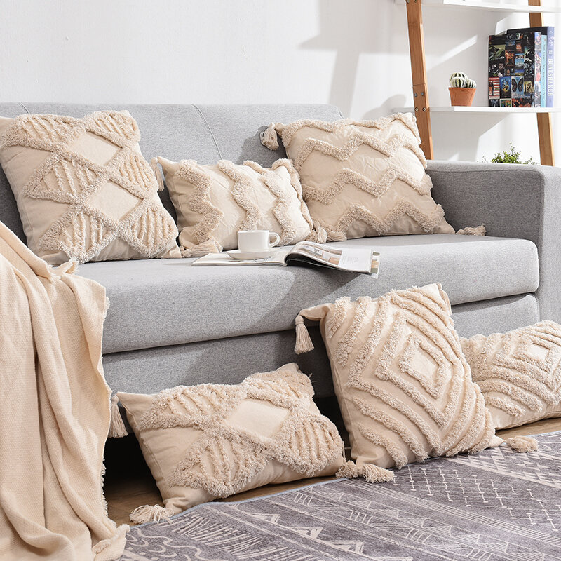 Borlas decorativas capa de almofada 45x 45cm/30x50cm bege sofá fronha capa artesanal decoração de casa para sala de estar cama