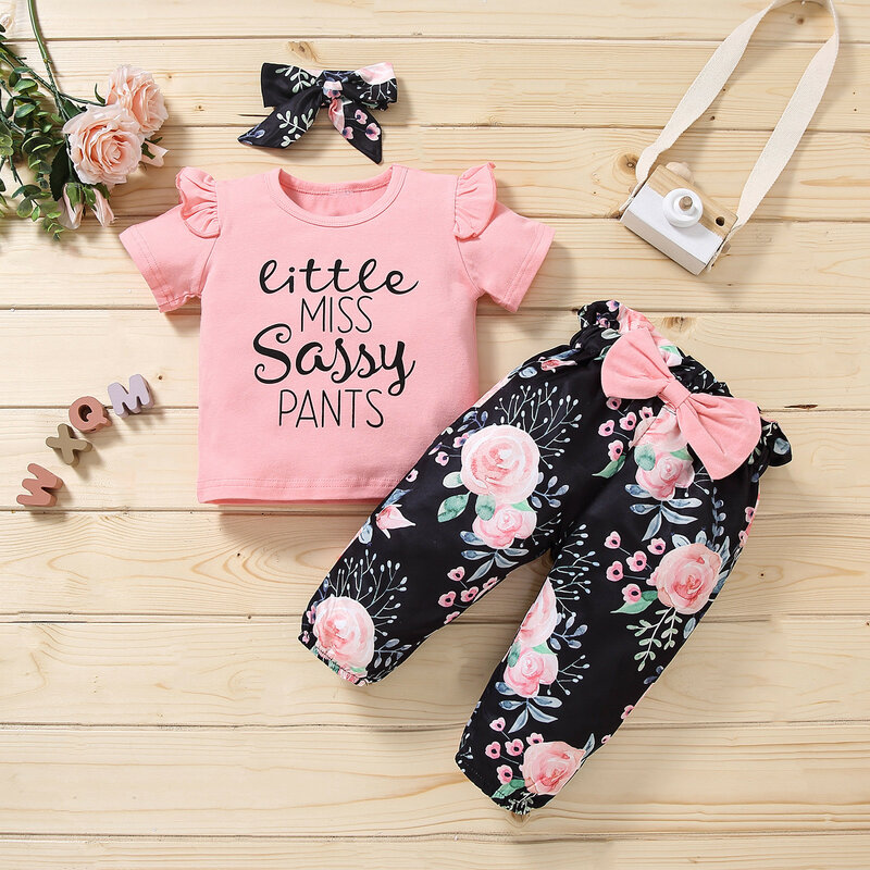 Criança do bebê meninas de manga curta carta impresso topos floral bowknot calças roupas da menina do bebê ropa niña meisjes kleding