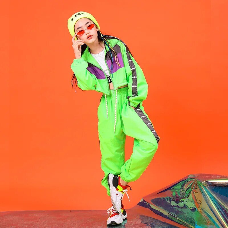 Children Fashion Green Hip Hop Clothing Short Jacket Top Crop Coat Running Casual Pants for Girl Jazz Dance Costume Clothes Wear